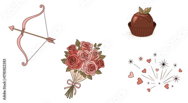 Fototapeta Valentines Day Symbols Cupids Bow Flowers Chocolate and Fireworks, Generative AI.