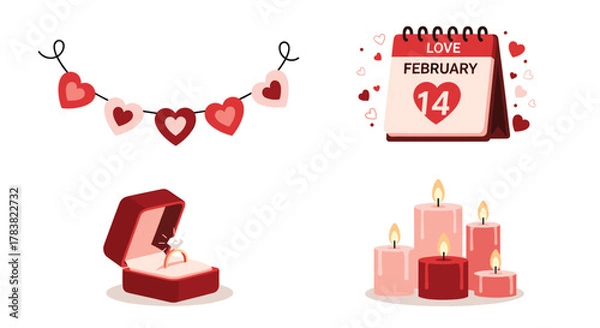 Fototapeta Valentines Day Symbols Garland Ring Candles Calendar, Generative AI.