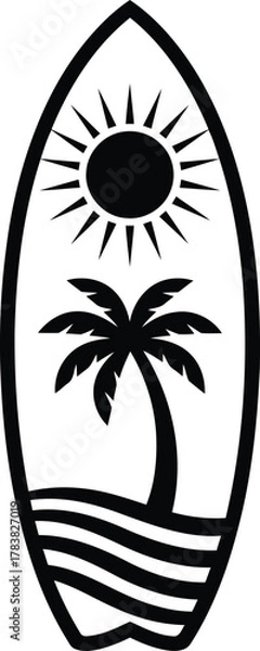 Obraz Surfboard silhouette with tropical scene and sun