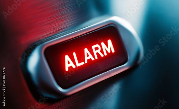 Obraz Red illuminated rectangular alarm button on a metallic surface.
