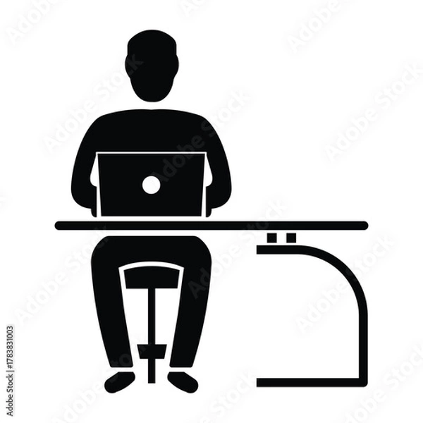 Fototapeta Black and White Silhouette of Office Worker Using Laptop