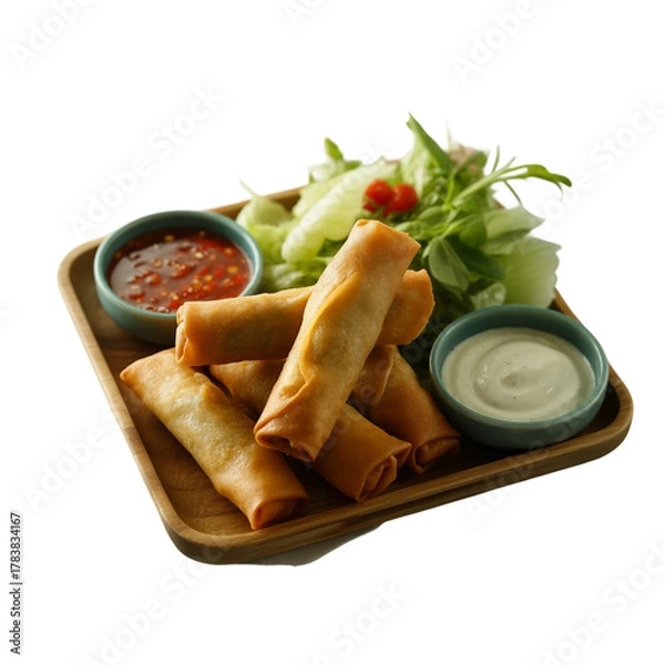 Fototapeta Fried spring rolls with red and white sauces, served in china plate on square wood tray with fresh green salad over gray blue texture on a white background (3).png