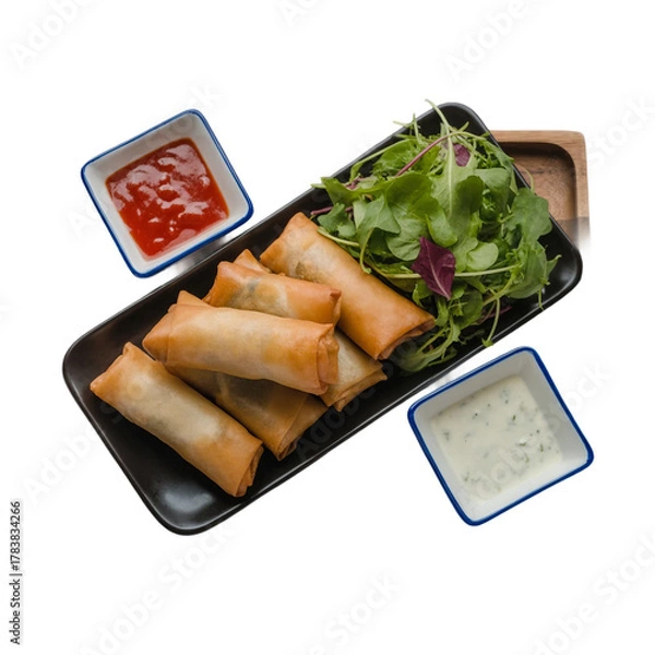 Fototapeta Fried spring rolls with red and white sauces, served in china plate on square wood tray with fresh green salad over gray blue texture on a white background.png