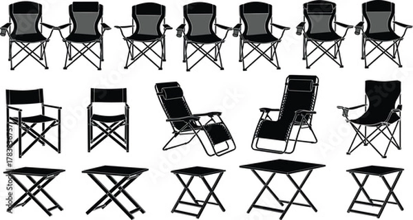 Fototapeta Portable folding chairs, collapsible camping tables, outdoor furniture silhouettes, black and white vector illustration, patio, picnic, travel, leisure, design, stock image