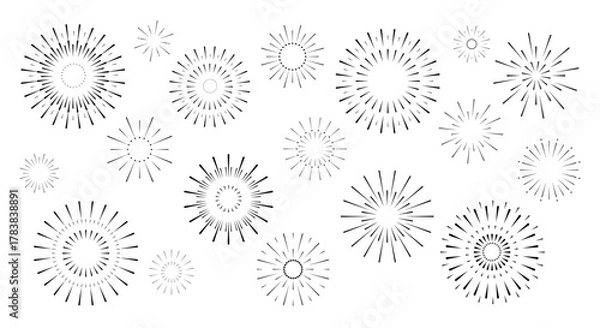 Fototapeta A set of fireworks icons, isolated on a white background. Black and white vector illustration. The graphic element is a holiday sign for a postcard, design, celebration, banner. Sparks, sun rays