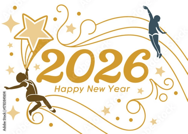 Obraz Luxury Golden 2026 Happy New Year Typography Vector Art with Gold Ribbon Confetti on Black Background