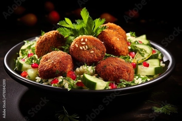 Obraz Falafel Balls with Tabbouleh and Pickles on a Dark Plate