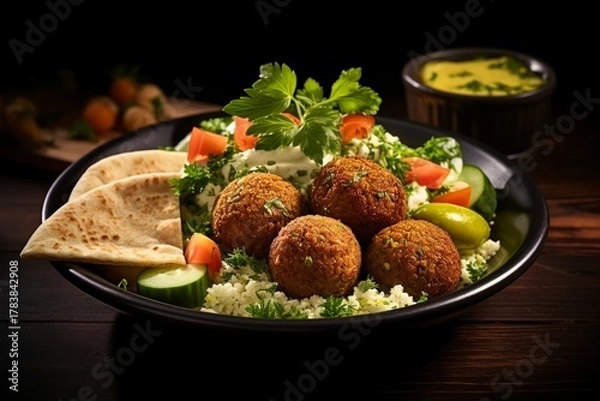Obraz Falafel Balls with Tabbouleh and Pickles on a Dark Plate