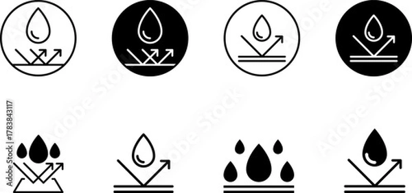 Obraz Waterproof icons. Water Proof sign collection. Water resistant symbol. Water protection icon with shield. Vector, PNG, jpeg. Keep dry. Open umbrella with water droplets icons set Water drop protection