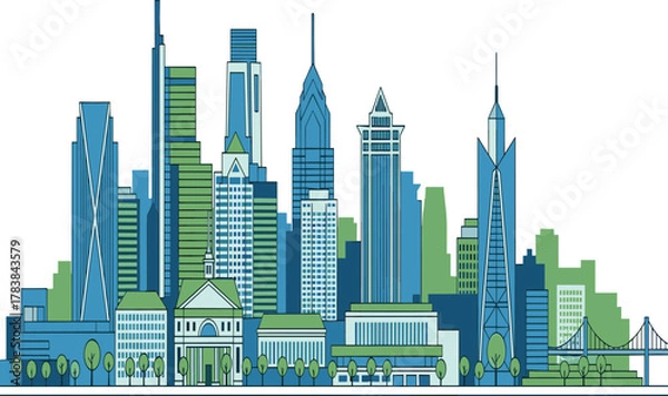 Fototapeta City skyline illustration, modern skyscrapers vector, classical architecture building art, suspension bridge design, urban planning concept, trees landscape, blue green graphic