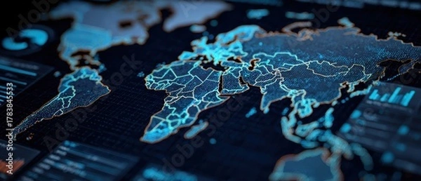 Fototapeta Digital world map interface with strategic overlays. Global diplomacy concept geopolitical analysis international strategy technology for diplomatic planning system and risk mitigation coordination.