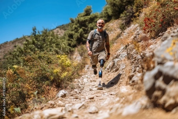 Fototapeta Happy active man with prosthetic leg hiking on scenic mountain trail enjoying nature and outdoor adventure, perfect for diversity inclusion accessibility and adaptive outdoor lifestyle concept.