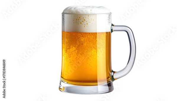 Fototapeta Frothy beer fills a clear glass mug, isolated against a black background, with bubbles