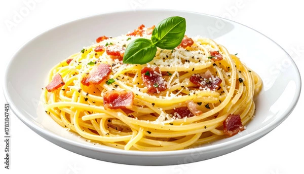 Fototapeta A close-up of spaghetti carbonara with bacon, cheese, and basil in a white bowl