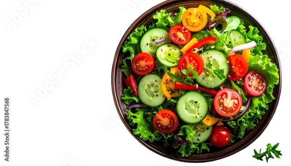 Fototapeta Vibrant close-up of a colorful, fresh salad bowl on a black background