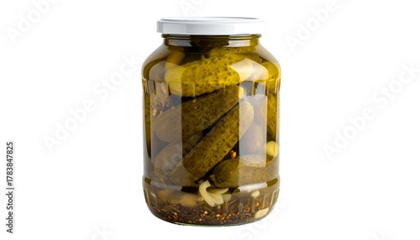 Fototapeta A transparent glass jar filled with pickles submerged in brine, lit against a black backdrop