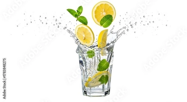 Obraz Fresh Lemon and Mint Splash in Water Glass on White Background