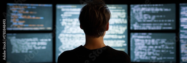 Fototapeta A focused programmer sits before multiple monitors, immersed in coding tasks, representing the modern digital age and the complexities of software development.