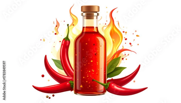 Obraz A bottle of fiery hot sauce, chili peppers, and flames erupt from the background