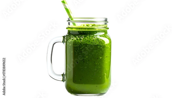 Obraz A mason jar filled with a green, leafy smoothie; a striped straw sits inside