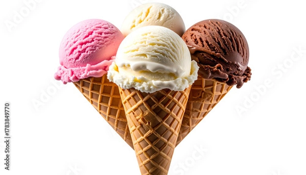 Obraz Four waffle cones hold various scoops of colorful ice cream against a black backdrop