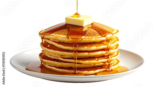 Obraz Golden stack of fluffy, round breakfast cakes with butter melting atop, and syrup cascading