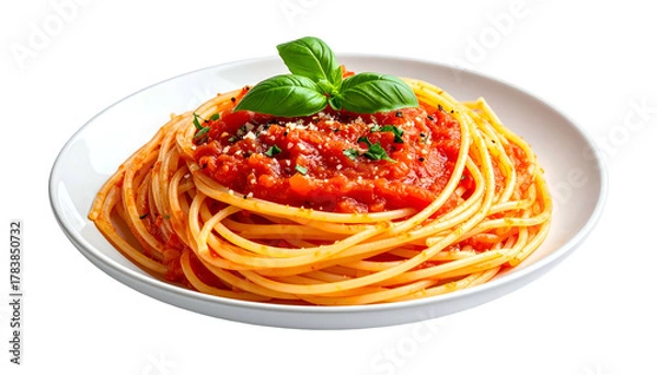 Obraz A white plate holds spaghetti noodles, tomato sauce, basil, and a sprinkle of cheese