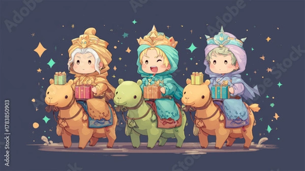 Fototapeta Adorable chibi-style Three Wise Men riding camels with gifts, festive Epiphany vector illustration perfect for Christmas cards, religious education, and joyful holiday presentations