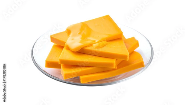 Obraz Stack of vibrant orange, pre-sliced cheese on a transparent plate. Liquid cheese is melting