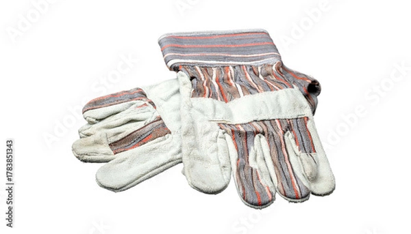 Obraz A pair of work gloves with a light grey base, reinforced leather palms, and striped cuffs