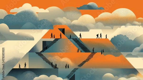 Obraz Stylized educational pyramid with people climbing stairs symbolizing learning progress, success, and empowerment for International Day of Education and global academic advancement.
