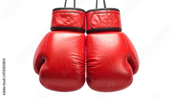 Obraz Two red leather fighting gloves hanging side-by-side against a stark black background