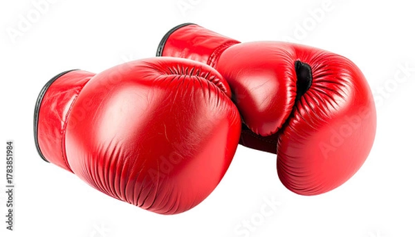 Obraz Two vibrant red leather boxing gloves resting on a surface, isolated on black