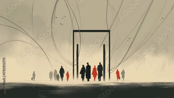Obraz Minimalist silhouettes walking through abstract memorial structure in soft light, symbolic conceptual illustration for International Holocaust Remembrance Day, memory, reflection, and human dignity aw