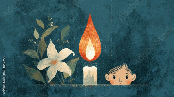 Fototapeta Illustration of child watching candle flame beside white lily, symbolizing remembrance, empathy, and intergenerational hope for International Holocaust Remembrance Day educational awareness.