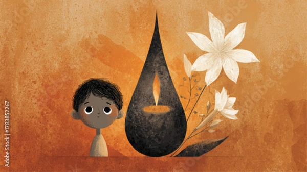 Fototapeta Illustration of child watching candle flame beside white lily, symbolizing remembrance, empathy, and intergenerational hope for International Holocaust Remembrance Day educational awareness.