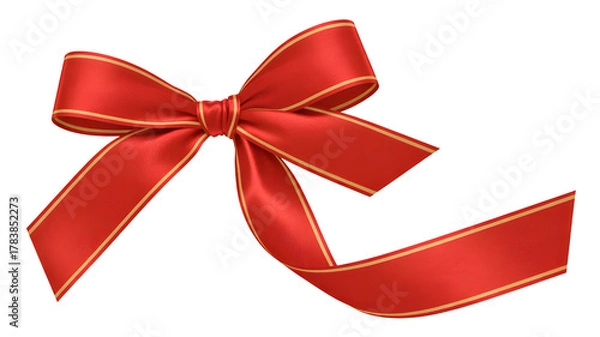 Fototapeta Elegant red satin ribbon bow with golden trim for gift wrapping and festive decoration isolated on transparent background
