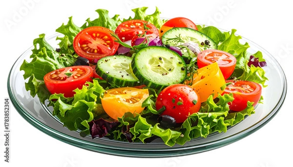 Obraz A vibrant, fresh salad with tomatoes, cucumbers, and greens served on a glass plate