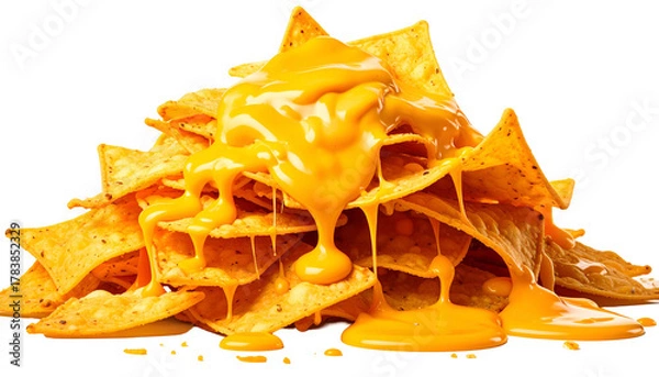 Fototapeta Golden tortilla chips piled high with generous, flowing, and melted cheesy goodness