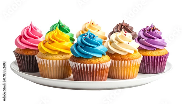 Obraz Vibrant frosted cupcakes on a white plate against black. Various colors, closeup