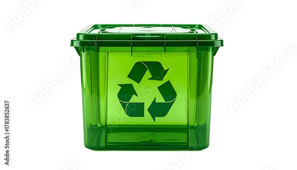 Fototapeta A translucent green container with a recycling symbol on it, against a black background