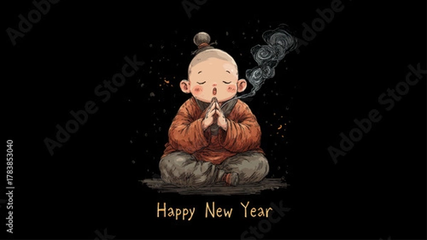 Obraz Cute meditating monk with incense smoke and Happy New Year text on black background, symbolic Mahayana New Year vector celebrating peace, mindfulness, and spiritual renewal.