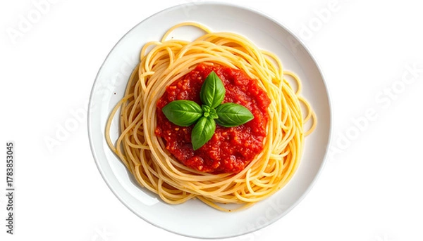 Obraz Overhead view of a white plate with spaghetti, red sauce, and basil leaves
