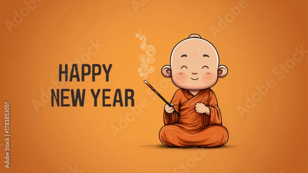 Fototapeta Smiling monk holding incense stick with “Happy New Year” text on orange background, joyful Mahayana New Year vector illustration symbolizing mindfulness, happiness, and inner peace.