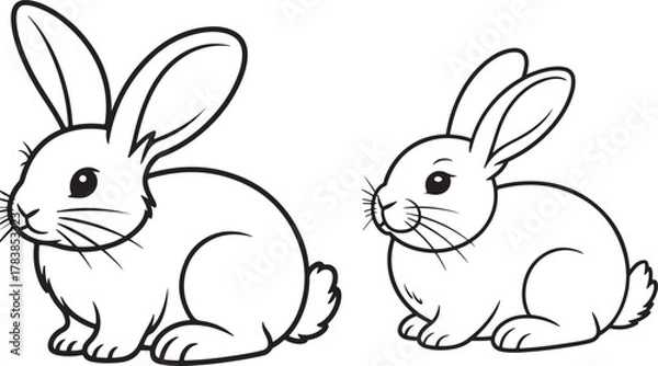 Obraz Two adorable hand drawn outline illustrations of fluffy rabbits sitting side by side on a white background perfect for easter or spring designs