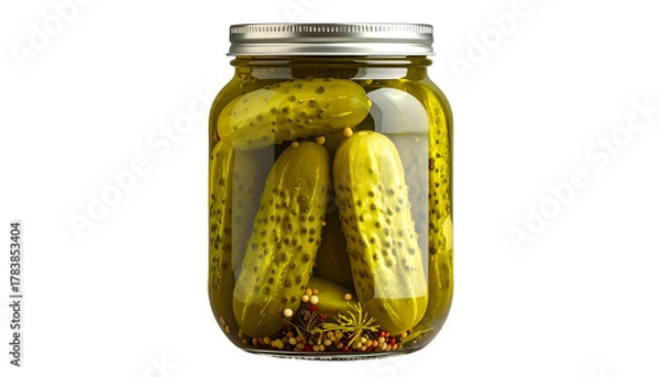 Fototapeta Close-up of pickles in a glass jar submerged in brine, metal lid, isolated on black