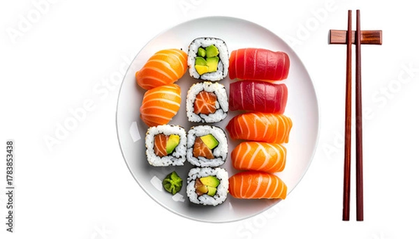 Obraz Overhead view of a white plate with assorted sushi, plus chopsticks resting next to it