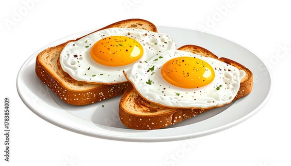 Obraz Plate of two sunny-side-up eggs on toasted bread, garnished, isolated on black