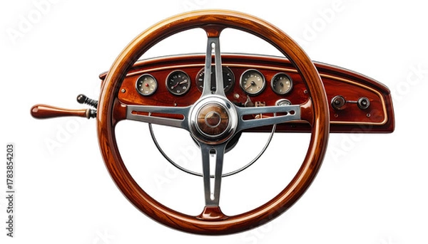 Obraz An intricate wooden steering wheel and dashboard, showcasing vintage gauges and polished surfaces