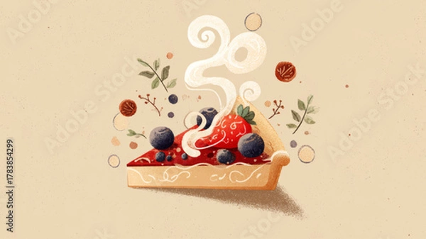 Fototapeta Warm slice of homemade berry pie with strawberries and blueberries steaming gently, cozy beige vector illustration celebrating National Pie Day and the joy of comforting homemade desserts.